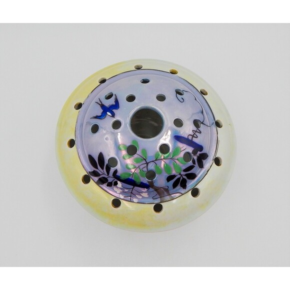 Lusterware Flower Frog Rim Domed Hand Painted Japan Birds Leaves Purple Green - Picture 6 of 16